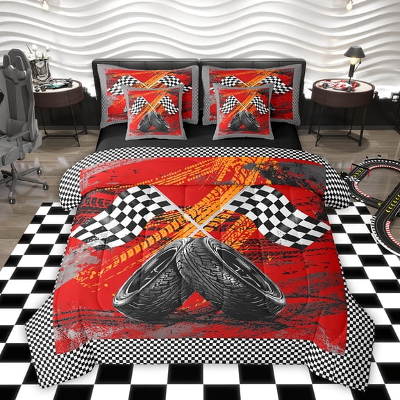 Castle Fairy Geometric Checkered Flag Twin Bedding Sets,Racing Car Bedding Comforter Set