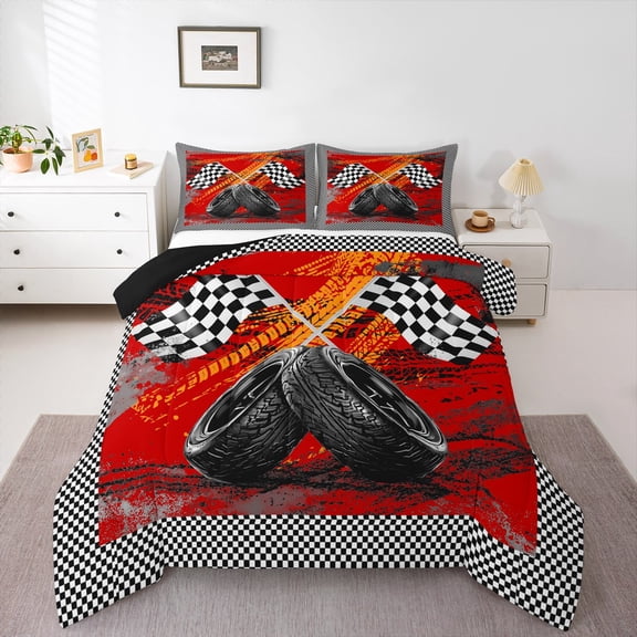 Castle Fairy Geometric Checkered Flag Twin Comforter Sets,Racing Car Bedding Set