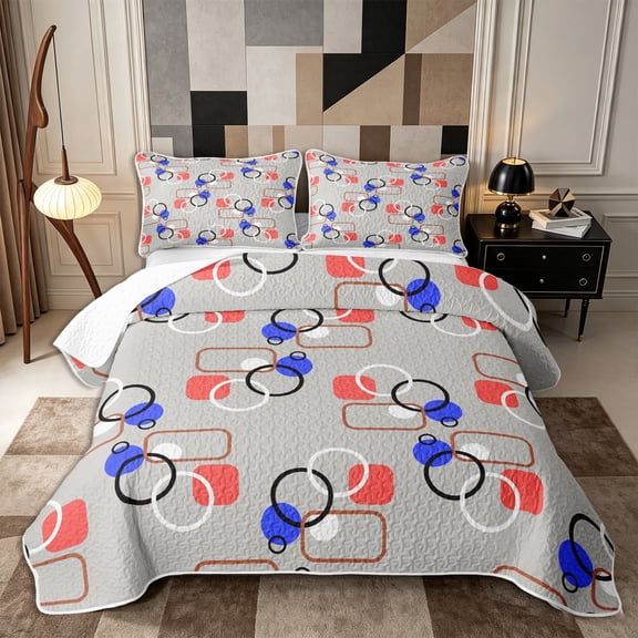 Castle Fairy Geometric Circular Motif Bed Spread Queen 3pcs,Abstract Rectangular Frame Queen Coverlet Set,Rust Royal Blue Gray,1 Quilt and 2 Pillowcases