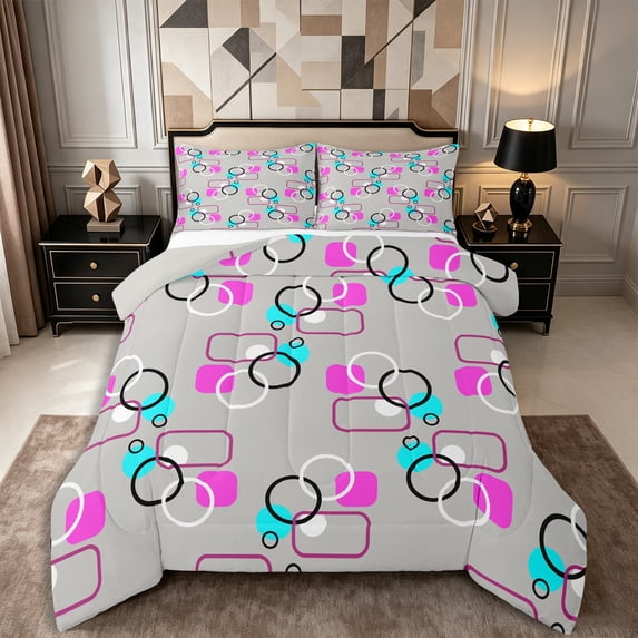Castle Fairy Geometric Circular Overlay Queen Comforter Set 3 Pieces,Abstract Rounded Frame Comforter Sets Queen,Magenta Aqua Gray,Reversible,1 Comforter and 2 Pillowcases