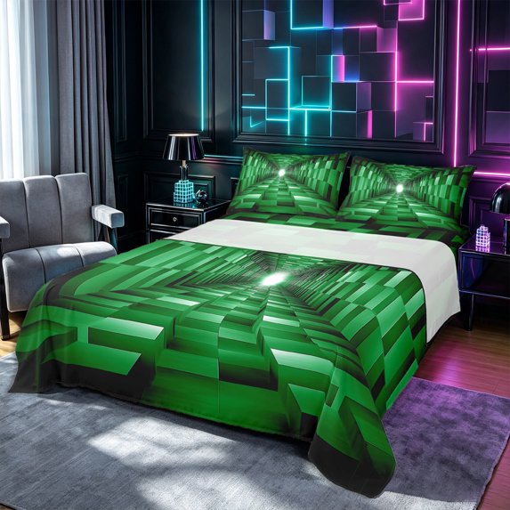 Castle Fairy Geometric Cube Tunnel Bed Sheets 4-Piece,Minimalist Block Full Size Sheets,Emerald Black,1 Flat Sheet, 1 Fitted Sheet and 2 Pillowcases