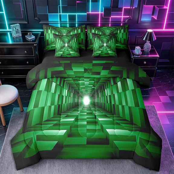 Castle Fairy Geometric Cube Tunnel Queen Bedding 7pcs,Minimalist Block Bedding Comforter Set Queen,Emerald Black,Reversible