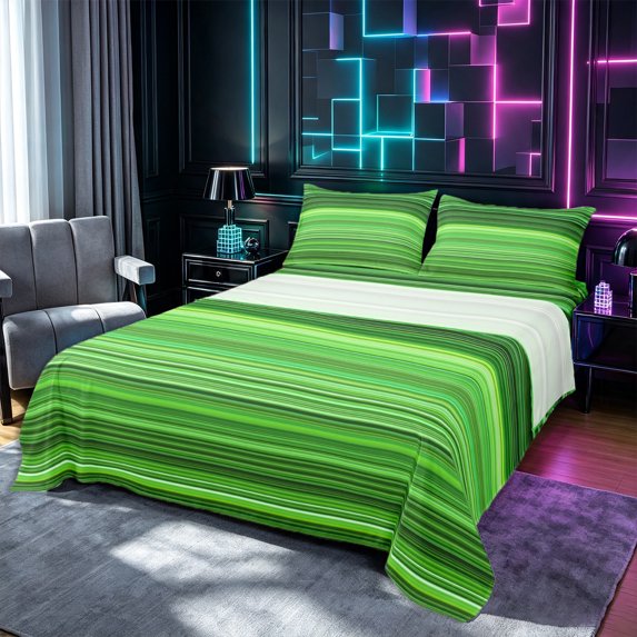 Castle Fairy Geometric Gradient Horizontal Stripe King Sheets 4pcs,Abstract Neon Thin Line Bedding,Lime Forest Green,1 Flat Sheet, 1 Fitted Sheet and 2 Pillowcases