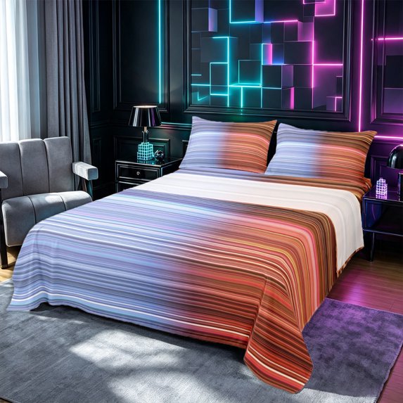 Castle Fairy Geometric Gradient Stripes Bed Sheets 4-Piece,Abstract Ombre Lines Full Size Sheets,Lavender Terracotta Amber,1 Flat Sheet, 1 Fitted Sheet and 2 Pillowcases