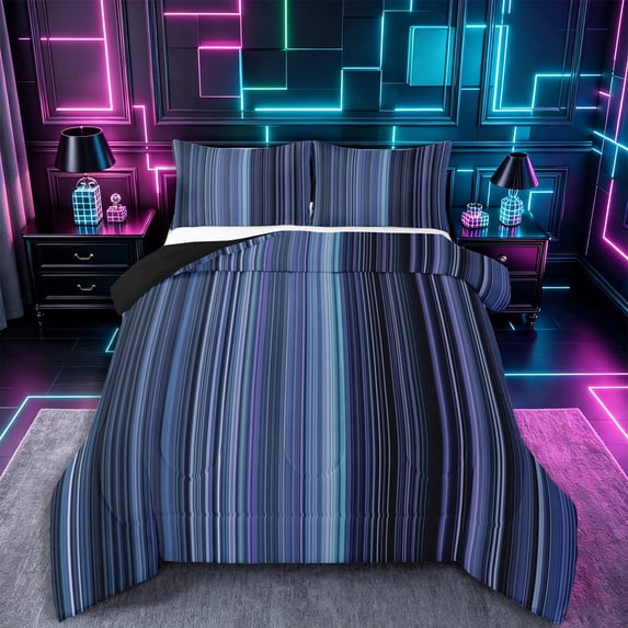 Castle Fairy Geometric Gradient Vertical Stripe Full Size Comforter Sets 3-Piece,Abstract Neon Thin Line Bedding Comforter Set,Navy Cyan Violet,Reversible,1 Comforter and 2 Pillowcases