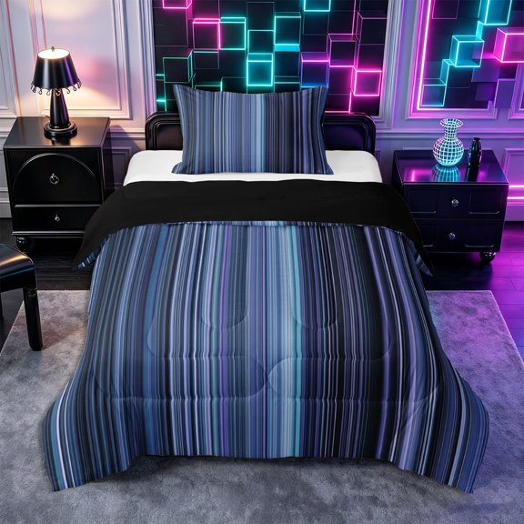Castle Fairy Geometric Gradient Vertical Stripe Twin Comforter Sets 2pcs,Abstract Neon Thin Line Bedding Set,Navy Cyan Violet,Reversible,1 Comforter and 1 Pillowcase