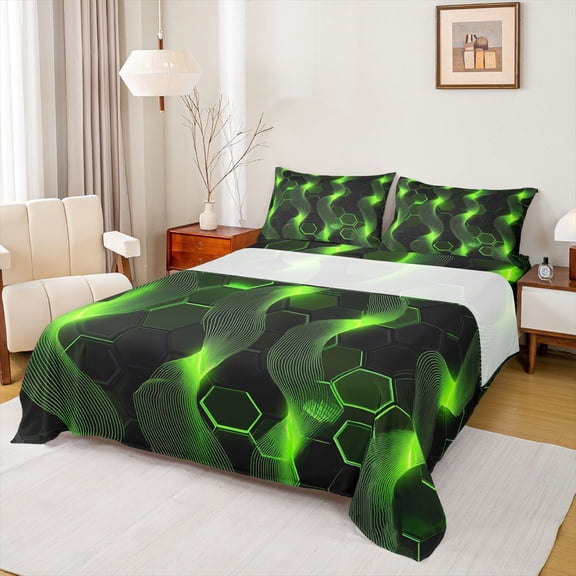 Castle Fairy Geometric Green Honeycomb Twin Sheet Sets 3pcs for Kids Children Teens,Abstract Swirl Stripes Twin Fitted Sheet Microfiber,Gradient Lines Hexagon Breathable Flat Sheet