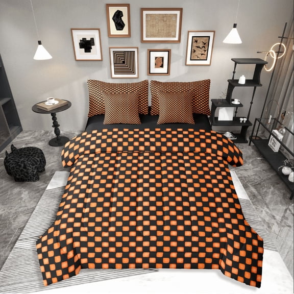 Castle Fairy Geometric Grid 7 Pieces Bedding Comforter Set for Teens,Mid Century Full Bedding Set Lightweight,Abstract Vintage Fitted Sheet Flat Sheet,Microfiber Bedroom Decor
