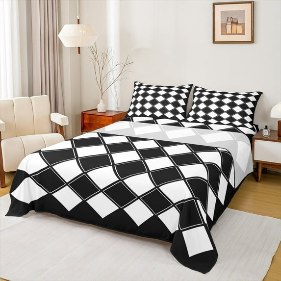 Castle Fairy Geometric Grid Plaid 4 Pieces Queen Sheet Sets for Kids Children Teens,Vintage Aesthetic Ultra Soft Flat Sheet,Black White Queen Fitted Sheet,Microfiber Bedroom Decor