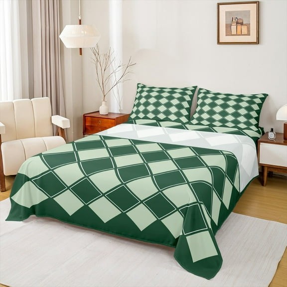 Castle Fairy Geometric Grid Plaid 4 Pieces Queen Sheet Sets for Kids Children Teens,Vintage Aesthetic Ultra Soft Flat Sheet,Light Green Queen Fitted Sheet,Microfiber Bedroom Decor