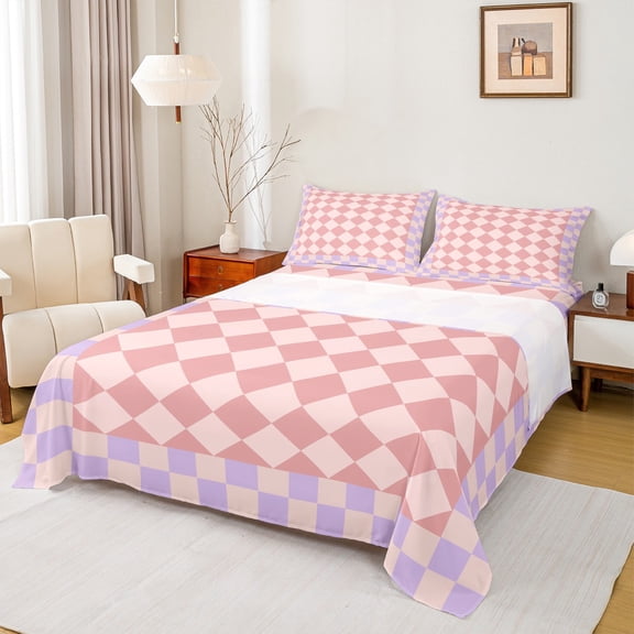 Castle Fairy Geometric Grid Plaid 4 Pieces Queen Sheet Sets for Kids Children Teens,Vintage Aesthetic Ultra Soft Flat Sheet,Pink Purple Queen Fitted Sheet,Microfiber Bedroom Decor