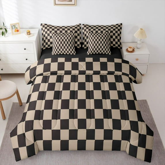 Castle Fairy Geometric Grid Plaid Bedding Comforter Set 7-Piece for Kids Children Teens,Vintage Aesthetic King Bedding Sets,Black Brown Ultra Soft Bed Sheets,Microfiber Bedroom Decor,Reversible