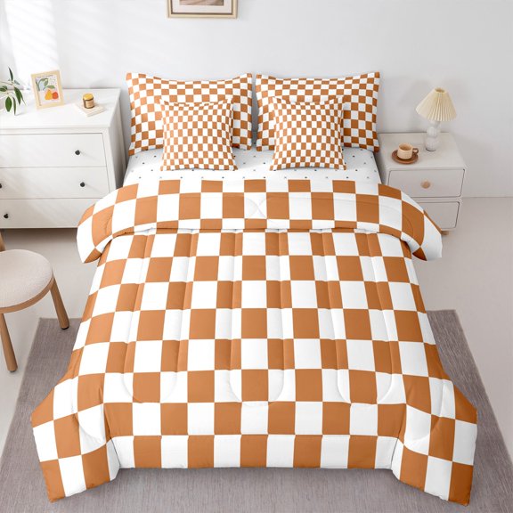 Castle Fairy Geometric Grid Plaid Bedding Comforter Set 7-Piece for Kids Children Teens,Vintage Aesthetic King Bedding Sets,Orange White Ultra Soft Bed Sheets,Microfiber Bedroom Decor,Reversible
