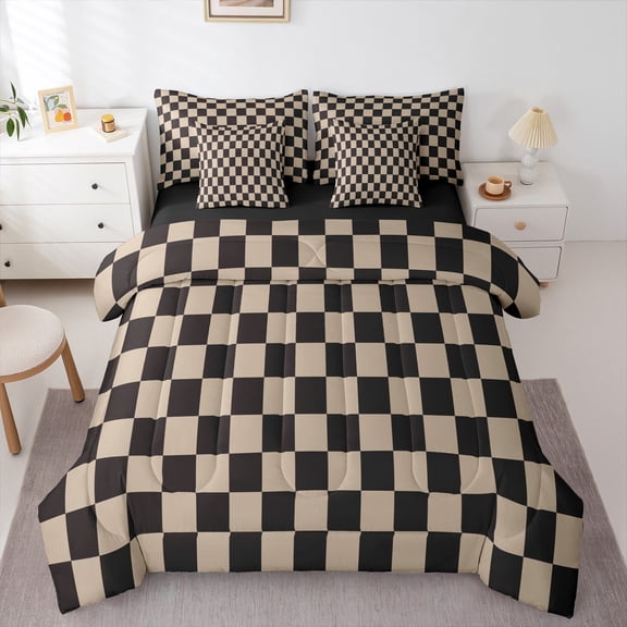 Castle Fairy Geometric Grid Plaid Bedding Comforter Set 7pcs for Kids Children Teens,Vintage Aesthetic Queen Bedding Sets Super Cozy,Black Brown Queen Sheet Sets,Microfiber Bedroom Decor,Reversible