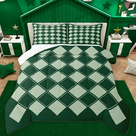 Castle Fairy Geometric Grid Plaid Full Size Comforter Sets 3-Piece for Kids Children Teens,Vintage Aesthetic Bedding Comforter Set,Light Green Lightweight Bedding Sets,Microfiber Bedroom Decor