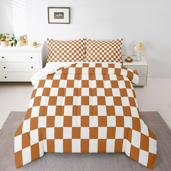Castle Fairy Geometric Grid Plaid Full Size Comforter Sets 3-Piece for Kids Children Teens,Vintage Aesthetic Bedding Comforter Set,Orange White Lightweight Bedding Sets,Microfiber Bedroom Decor