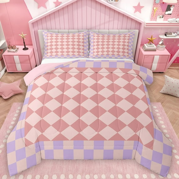 Castle Fairy Geometric Grid Plaid Full Size Comforter Sets 3-Piece for Kids Children Teens,Vintage Aesthetic Bedding Comforter Set,Pink Purple Lightweight Bedding Sets,Microfiber Bedroom Decor