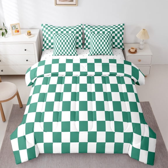 Castle Fairy Geometric Grid Plaid Twin Bedding Sets 7-Piece for Kids Children Teens,Vintage Aesthetic Bedding Comforter Set Microfiber,Green White Breathable Sheet Sets,Microfiber Bedroom Decor