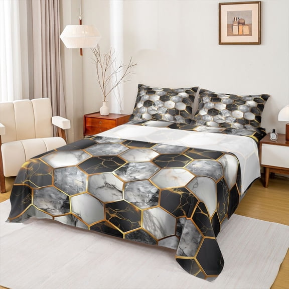 Castle Fairy Geometric Honeycomb 4 Pieces Queen Sheet Sets for Boys Girls,Gradient Marble Ultra Soft Flat Sheet,Abstract Marbling Hexagon Queen Fitted Sheet,Luxury Bedroom Decor