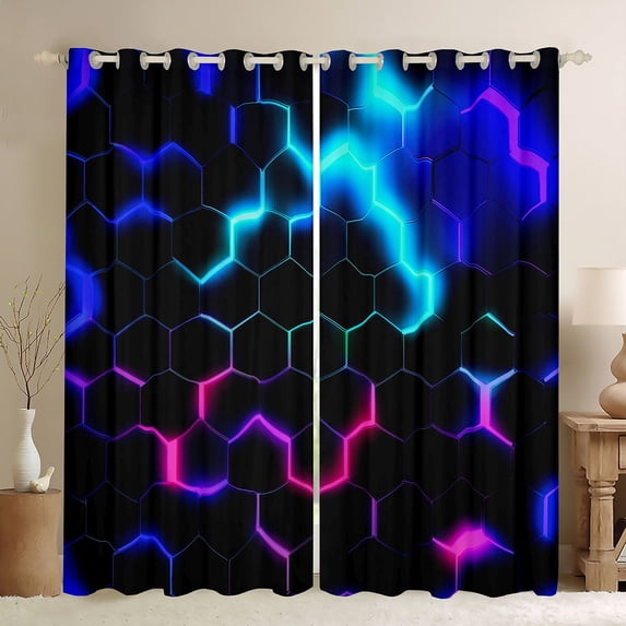 Castle Fairy Geometric Honeycomb Boy Black Out Curtains,Abstract Gradient Hexagon Curtains Pack of 2 (42x63 Each),Video Game Bedroom Curtains,Breathable Home Decor