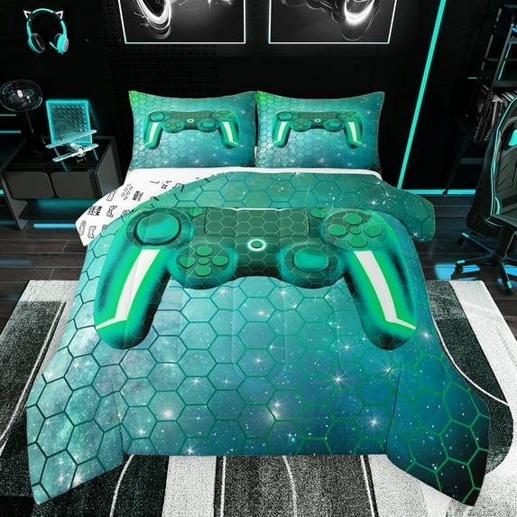 Castle Fairy Geometric Honeycomb Gamepads Full Size Comforter Sets 3-Piece for Adults Female Men,Gradient Universe Galaxy Bedding Comforter Set,Video Game Game Controller Lightweight Bedding Sets