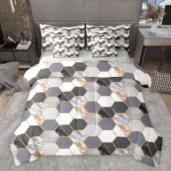 Castle Fairy Geometric Honeycomb Hexagon Bedding Comforter Set 7-Piece for Female Men Women,Abstract Gradient Marble King Bedding Sets,Black Grey Golden Ultra Soft Bed Sheets,Ultra Soft Home Decor