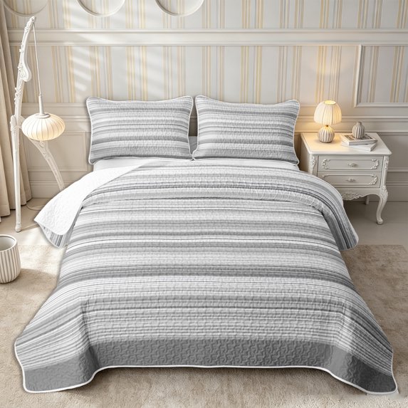 Castle Fairy Geometric Horizontal Stripe Bed Spread Queen 3pcs,Mid Century Thin Line Queen Coverlet Set,Gray Silver White,1 Quilt and 2 Pillowcases