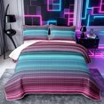 thumbnail image 1 of Castle Fairy Geometric Horizontal Stripe Bed Spread Queen 3pcs,Tribal Thin Line Queen Coverlet Set,Pink Teal Indigo,1 Quilt and 2 Pillowcases, 1 of 7