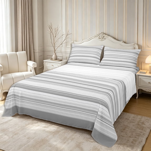 Castle Fairy Geometric Horizontal Stripe King Sheets 4pcs,Mid Century Thin Line Bedding,Gray Silver White,1 Flat Sheet, 1 Fitted Sheet and 2 Pillowcases