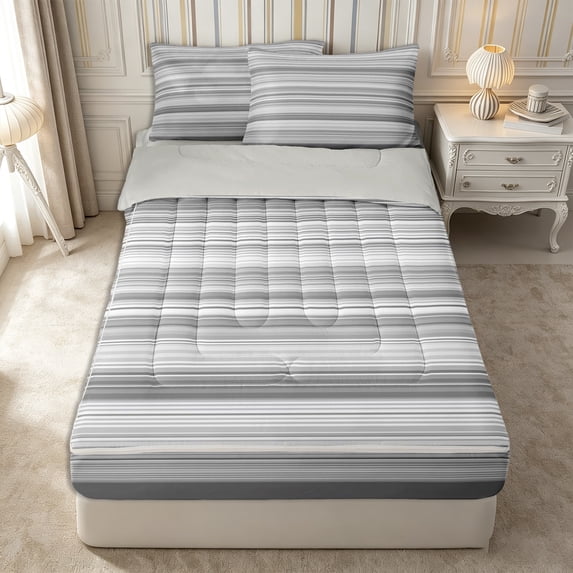 Castle Fairy Geometric Horizontal Stripe Zipper Twin Comforter Sets with Fitted Sheet and 2 Pillowcases,Mid Century Thin Line Zipper Bedding Set,Gray Silver White,Reversible