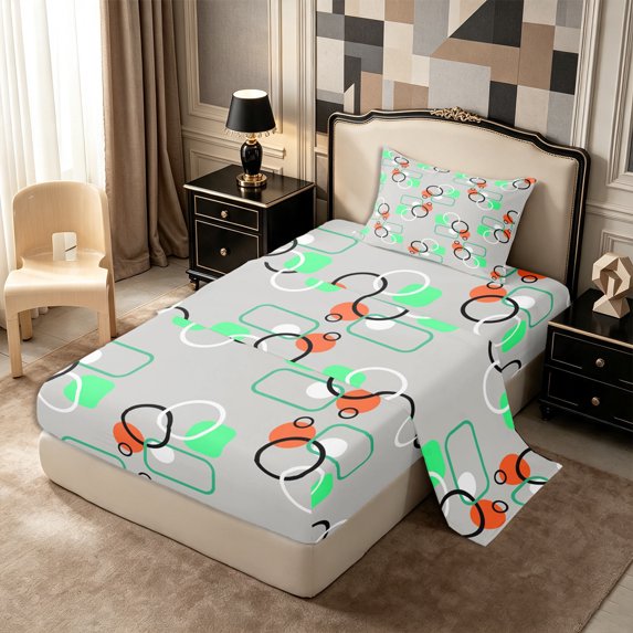 Castle Fairy Geometric Interlocking Circle Twin Sheets 3pcs,Abstract Rounded Block Bedding,Mint Orange Gray,1 Flat Sheet, 1 Fitted Sheet and 1 Pillowcase
