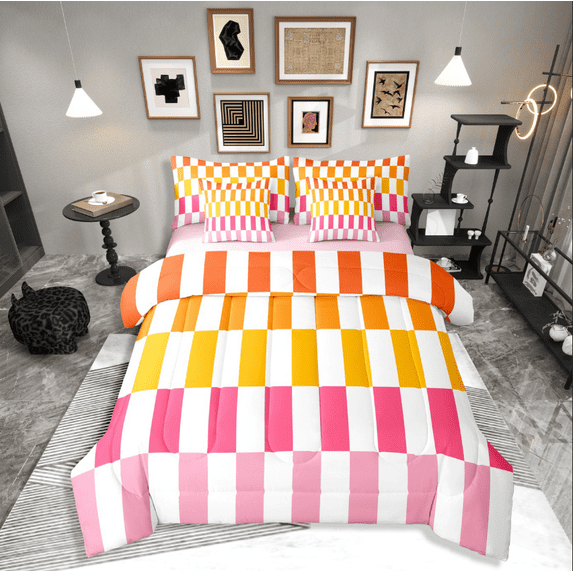 Castle Fairy Geometric Lattice Girl 7-Piece Twin Bedding Sets,Pink Yellow Bedding Comforter Set,Colorful Rectangle Breathable Sheet Sets,Luxury Bedroom Decor
