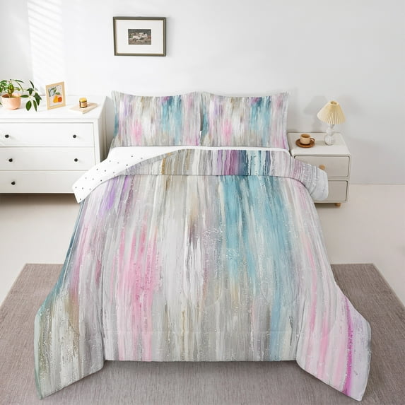 Castle Fairy Geometric Lines 3-Piece Full Size Comforter Sets for Teens Boys Women Girls,Abstract Gradient Watercolor Bedding Comforter Set,Minimalist Stripes Lightweight Bedding Sets