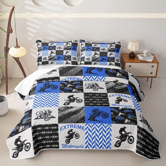 Castle Fairy Geometric Motocross Bike Bed Spread Queen,Patchwork Extreme Ride Queen Coverlet Set for Bedroom,Blue Black