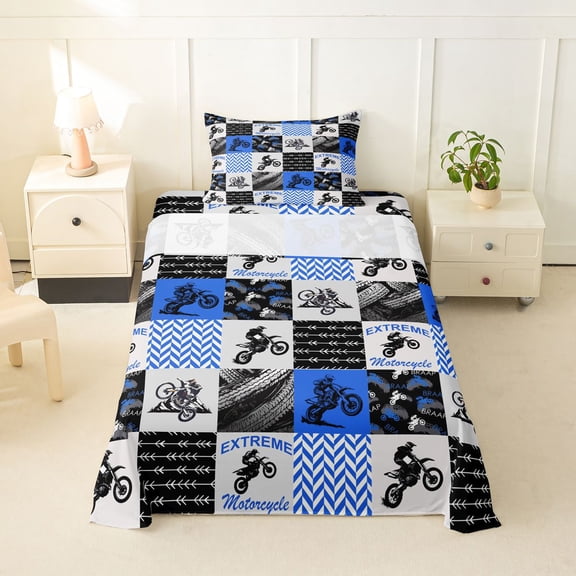 Castle Fairy Geometric Motocross Bike Twin Sheet Sets 3pcs for Kids, Patchwork Extreme Ride Bedding for Bedroom, Blue Black