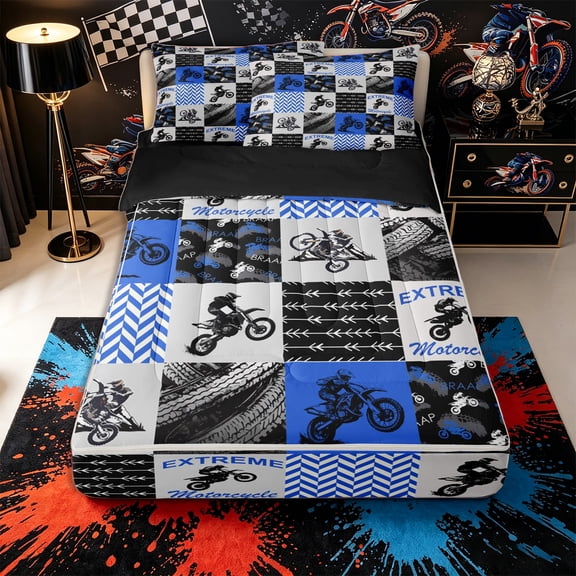 Castle Fairy Geometric Motocross Bike Zipper Full Size Comforter Sets with Fitted Sheet and 2 Pillowcases,Patchwork Extreme Ride Zipper Bedding Set for Bedroom,Blue Black,4pcs,Black Reversible