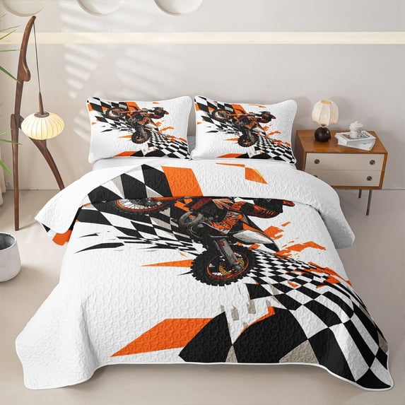 Castle Fairy Geometric Motocross Twin Quilt Set,Checkered Race Jump Twin Coverlet Set,Black Orange