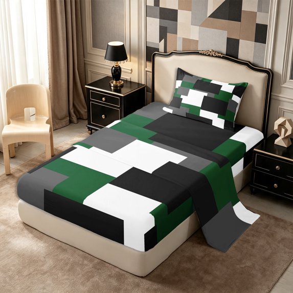 Castle Fairy Geometric Offset Rectangle Block Twin Sheets 3pcs,Minimalist Mosaic Bedding,Forest Gray Black,1 Flat Sheet, 1 Fitted Sheet and 1 Pillowcase