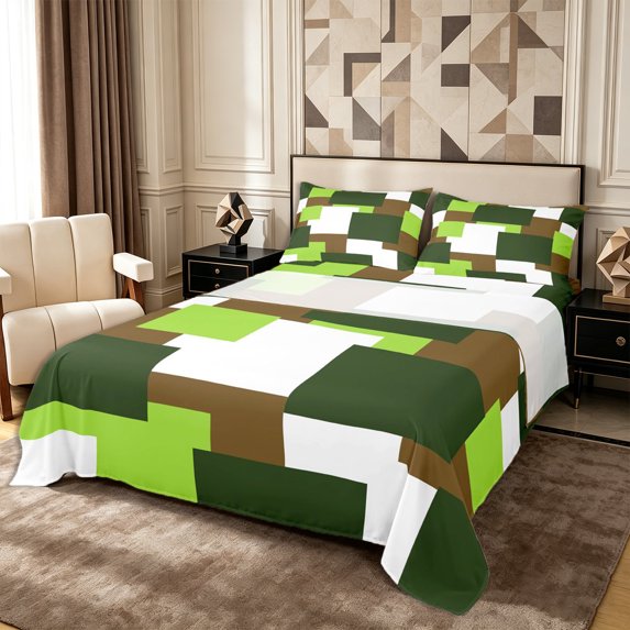 Castle Fairy Geometric Offset Square Block King Sheets 4pcs,Mid Century Mosaic Bedding,Olive Lime Brown,1 Flat Sheet, 1 Fitted Sheet and 2 Pillowcases