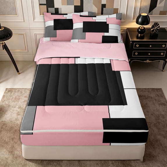 Castle Fairy Geometric Overlap Block Zipper Twin Comforter Sets with Fitted Sheet and 2 Pillowcases,Minimalist Square Segment Zipper Bedding Set,Pink Gray Black White,Reversible