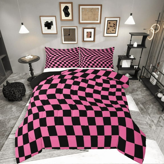 Castle Fairy Geometric Plaid 3 Pieces Queen Comforter Set,Abstract Buffalo Ultra Soft Bedding Sets,Black Pink Bedding Comforter Set,Super Cozy Grid Room Decor,Reversible