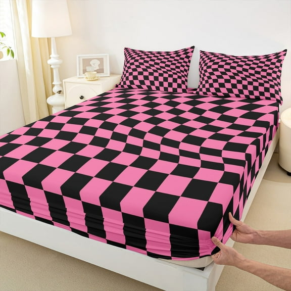 Castle Fairy Geometric Plaid 4pcs Bed Sheets,Abstract Buffalo King Sheets,Black Pink Super Cozy Sheet Set,Super Cozy Grid Room Decor