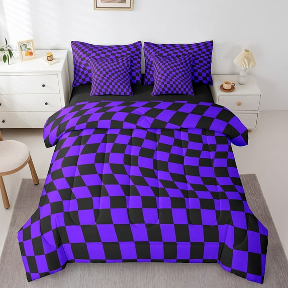 Castle Fairy Geometric Plaid 7-Piece Bedding Comforter Set,Abstract Buffalo King Bedding Sets,Black Purple Ultra Soft Bed Sheets,Super Cozy Grid Room Decor,Reversible