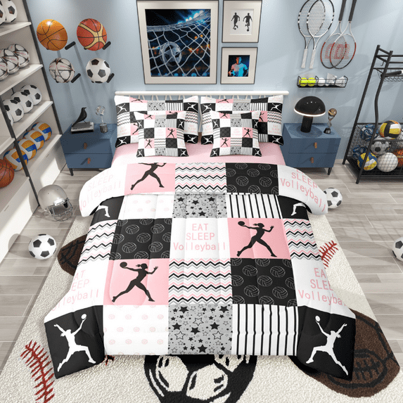 Castle Fairy Geometric Plaid 7-Piece Twin Bedding Sets for Teenagers,Sport Volleyball Bedding Comforter Set,Abstract Stripes Breathable Sheet Sets,Luxury Bedroom Decor