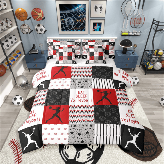 Castle Fairy Geometric Plaid 7 Pieces Bedding Comforter Set for Teenagers,Sport Volleyball Full Bedding Set Lightweight,Abstract Stripes Fitted Sheet Flat Sheet,Luxury Bedroom Decor