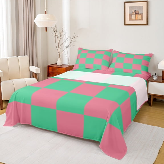 Castle Fairy Geometric Plaid Bed Sheets for Boys Girls,Green Pink King Sheets