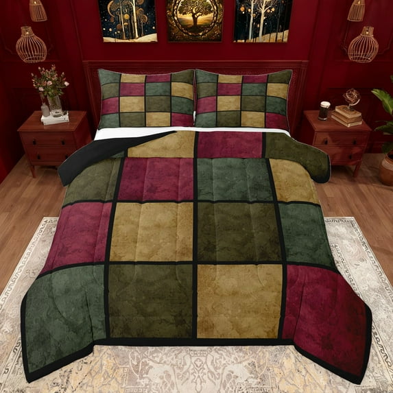 Castle Fairy Geometric Plaid Bedding Comforter Set 2pcs for Boys Girls,Vintage Aesthetic Twin Comforter Sets Microfiber,Abstract Retro Grid Breathable Bedding Set,Microfiber Bedroom Decor,Reversible