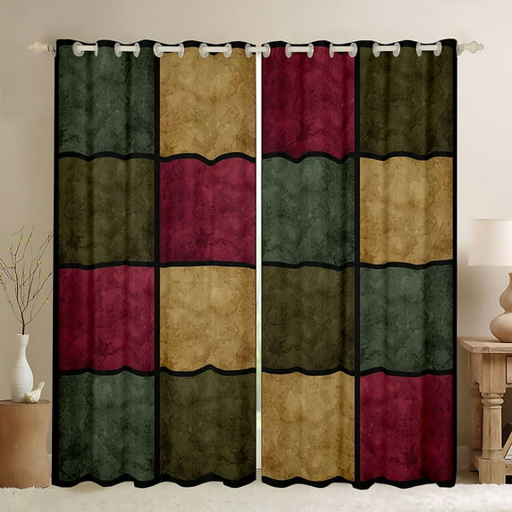 Castle Fairy Geometric Plaid Black Out Curtains for Boys Girls,Vintage Aesthetic Curtains Pack of 2 (42x63 Each),Abstract Retro Grid Bedroom Curtains,Microfiber Bedroom Decor