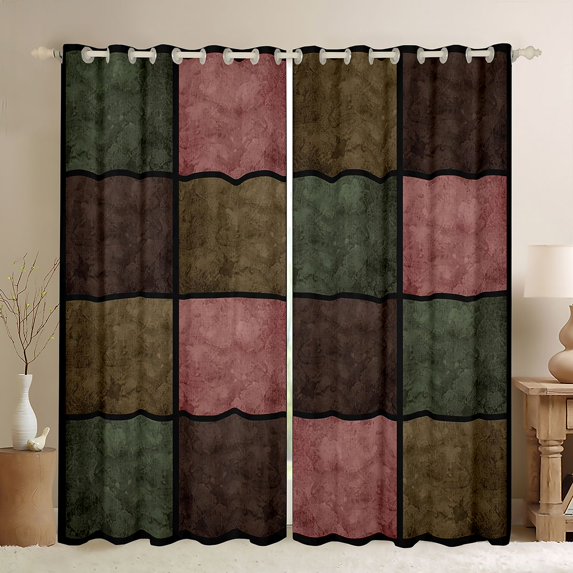 Castle Fairy Geometric Plaid Black Out Curtains for Boys Girls,Vintage Aesthetic Curtains Pack of 2 (42x63 Each),Abstract Retro Grid Bedroom Curtains,Microfiber Bedroom Decor
