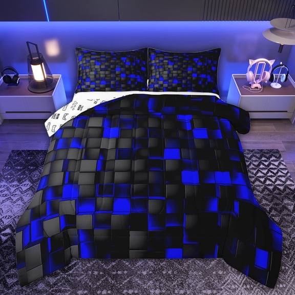 Castle Fairy Geometric Plaid Boy Full Size Comforter Sets,Futuristic Cubes Bedding Sets